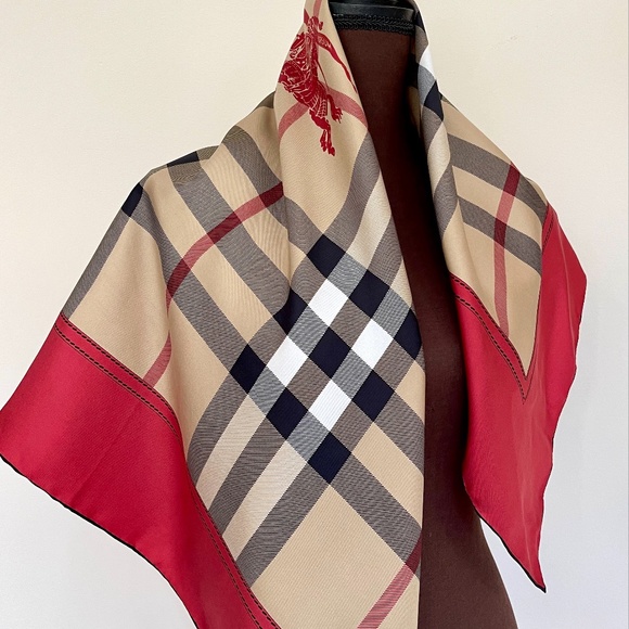 Display # 1 Burberry Scarf House Check Beige Red Border Logo Silk Wrap - Picture 7 of 16